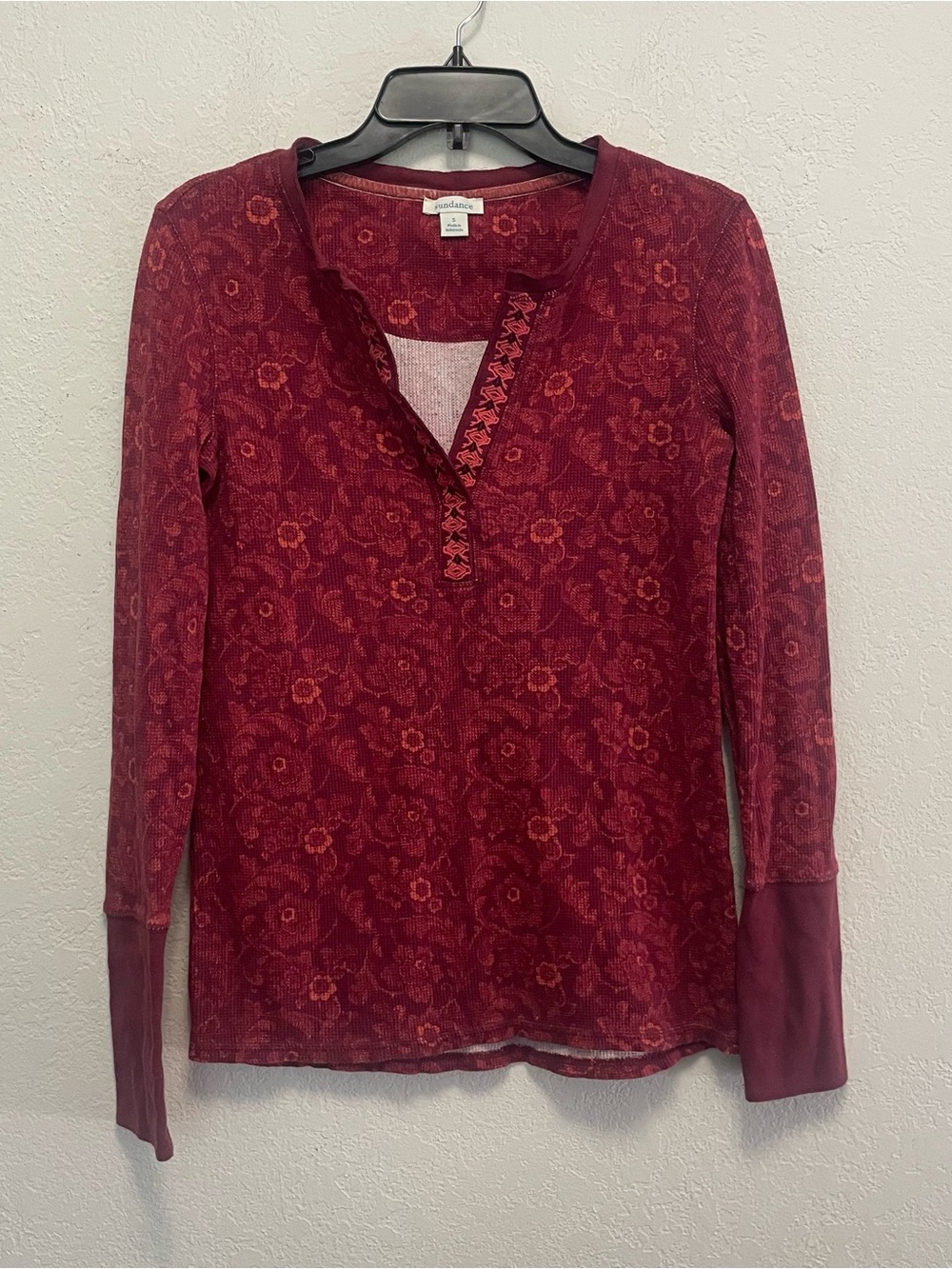 Sundance Women's Inga Thermal Top Burgundy Floral Long Sleeve Embroidered Small